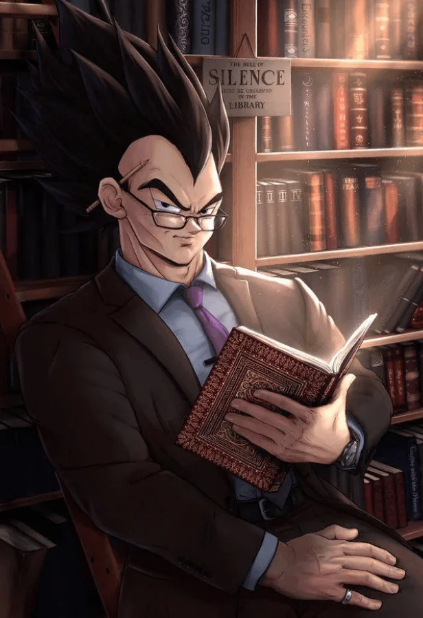 Vegeta reading a book in a library, wearing a suit and glasses